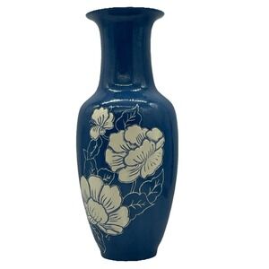 Ceramic 14" Blue Vase With Raised White Poppy Flowers Vintage